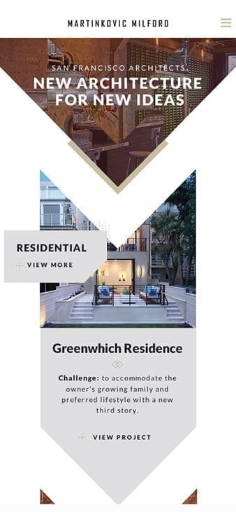 Mobile image example showing large white M and an image of a modern townhome with text details