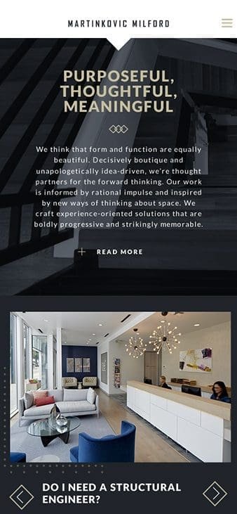 Mobile example of the site showing paragraph above an image of a modern living room