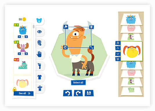 character design with different options, the character in the center is a monster with a horse body
