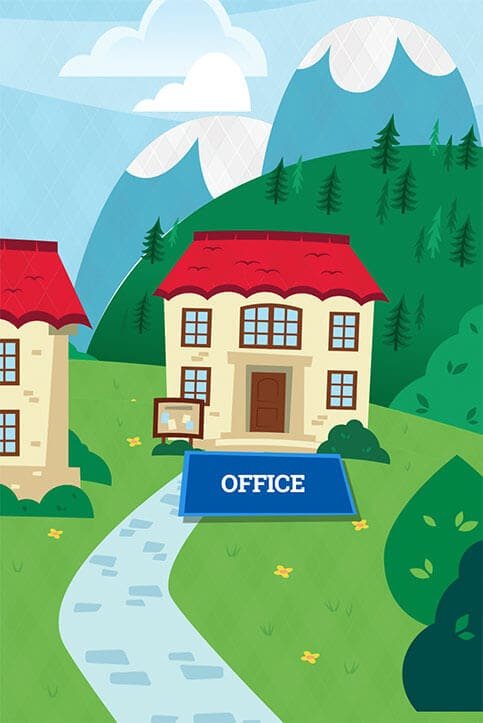 cartoon of mountains and tiny office building