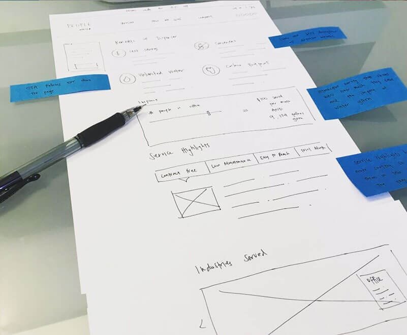 paper with pen over wireframe sketches