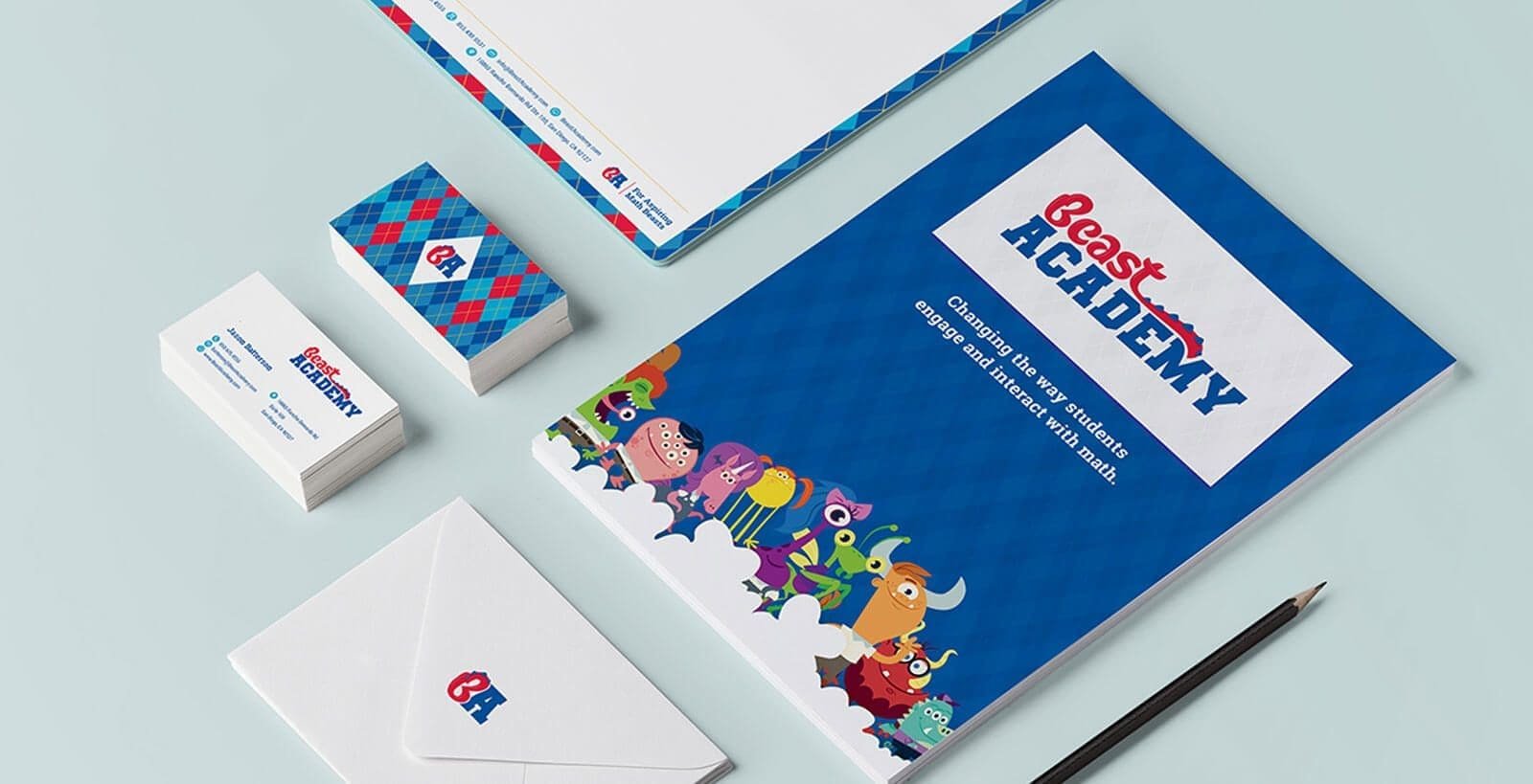 beast academy print materials with business cards and notepad