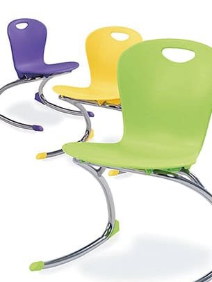 purple yellow and green chairs with silver legs