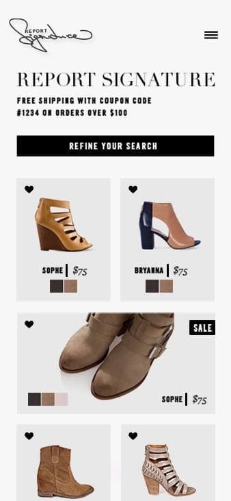 mobile version of the shoe catalog