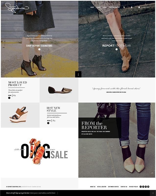 shoe site design with multiple images of shoes in different locations