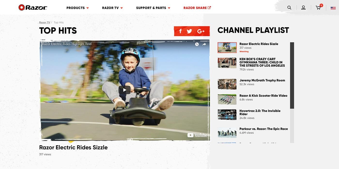 Video player showing Razor videos of kids using the products