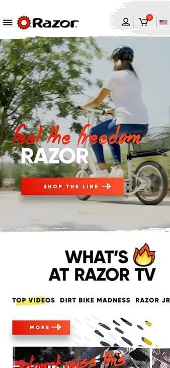 mobile version of the hompeage showing the homepage hero with a kid riding a scooter with a seat