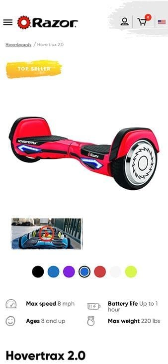 mobile version of a product detail pagefor a hoverboard