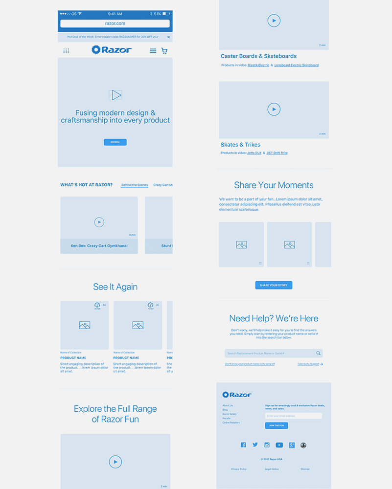 wireframe example for the homepage of the website showing blue boxes to represent content