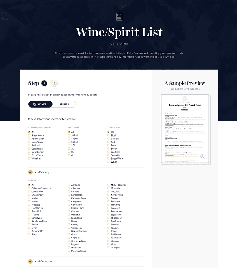 PalmBay Wine List