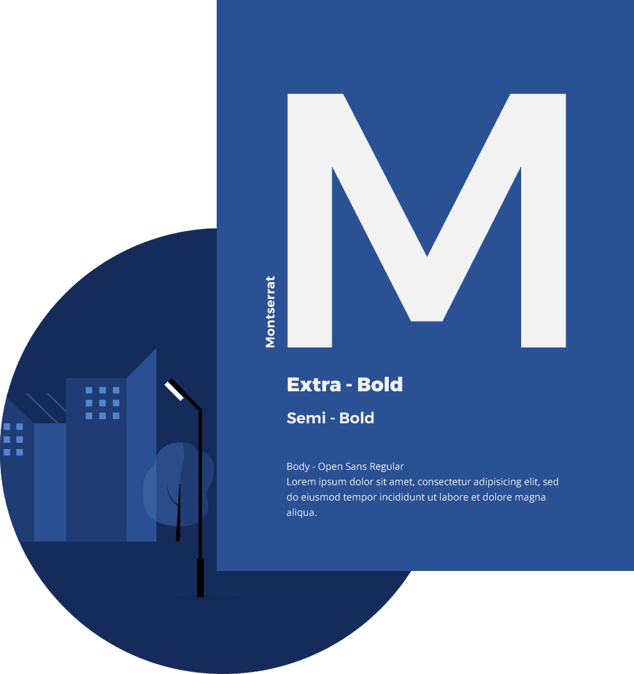Card with the letter M and circle with building sketches