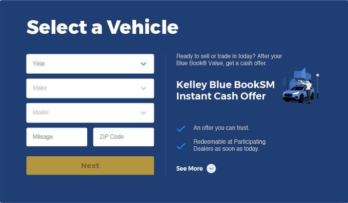 Select a Vehicle form from Kelley Blue Book Website
