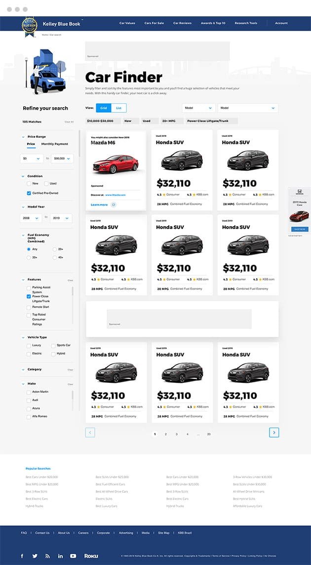 Kelley Blue Book Product Listing Page design