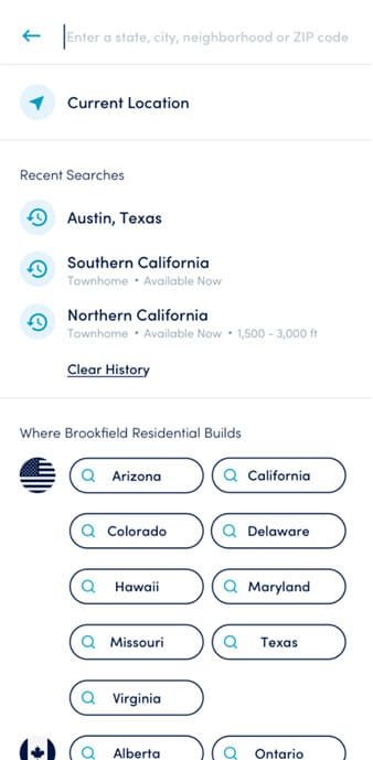 Brookfield Mobile Search and filters for home locations